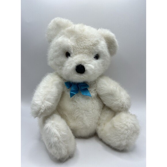 Vintage Dakin White Bear Plush Stuffed Animal Blue Bow 11” Sitting Fuzzy 1990 - Picture 2 of 15